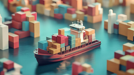 Poster - Red Cargo Ship with Colorful Containers on Teal Water