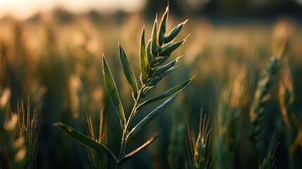 Poster - Close-up of green oat plant, illuminated by sunlight, showcasing texture and detail against a blurred background, representing nature, growth, and harvest