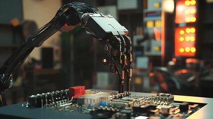 Aufkleber - robotic arm repairing circuit board in a dark workshop