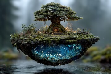 Poster - Floating mystical tree with a glowing underworld in a serene forest setting during dusk