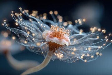 Poster - Delicate flower with luminescent tendrils creating an ethereal atmosphere in a softly lit environment