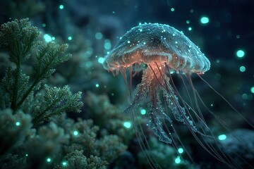 Poster - Glistening jellyfish gliding through vibrant underwater landscape filled with glowing marine life at dusk
