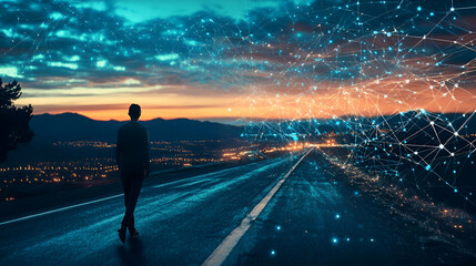 Poster - Silhouette of a Person Walking on a Road Towards a Futuristic City at Night