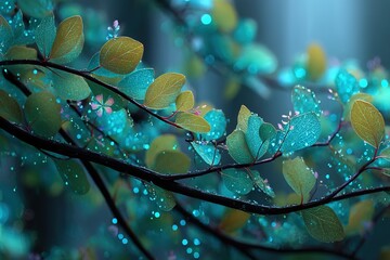 Poster - Raindrops shimmer on vibrant green leaves in a tranquil forest setting during early morning light
