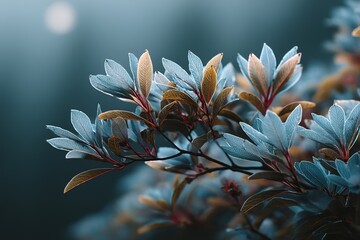 Poster - Beautiful close-up of colorful leaves with water droplets in a serene outdoor setting during early morning light