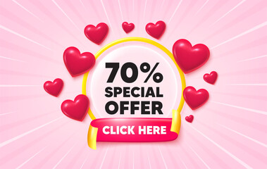 Poster - Discount sunburst ray banner. Click here flag ribbon. 70 percent discount offer tag. Sale price promo sign. Special offer symbol. 3d hearts glitter. Red ribbon tag. Discount offer. Vector