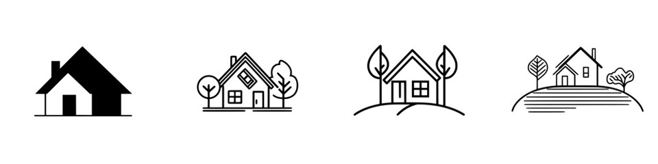 Poster - Vector illustration icons showcasing various house designs with trees, hills, and different architectural styles