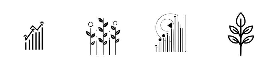 Poster - Vector illustration icons representing growth, nature, and data analysis through simple line art across four distinct designs