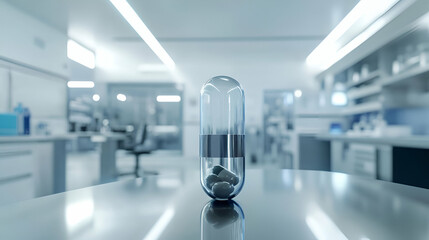 Poster - Transparent Capsule on a Table in a Modern Laboratory
