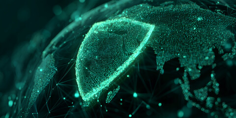 Poster - abstract teal globe with glowing shield, representing global cybersecurity, data protection, and net