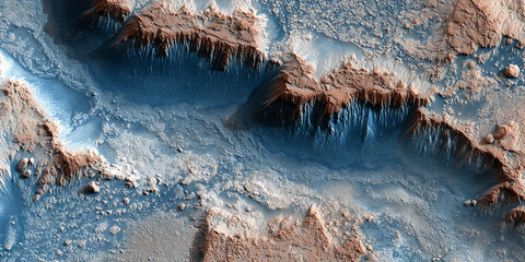 Poster - Aerial view of Martian landscape showing textured canyons and rock formations in blue and brown hues, showcasing the planet's unique geological features