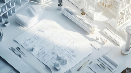 Poster - White Architectural Blueprint on Desk with 3D Models