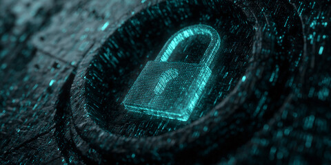Poster - Teal digital padlock on dark textured background, symbolizing cybersecurity, data protection, and digital security