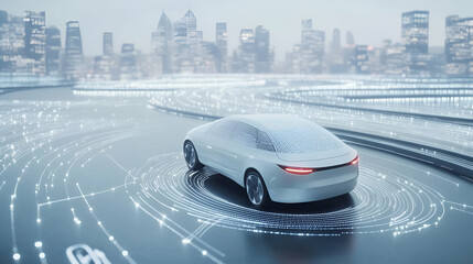 Poster - white autonomous car driving on a digital road in a futuristic city
