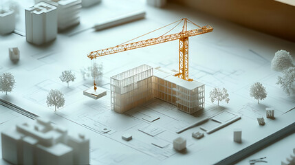 Poster - White Building Model with Orange Crane on Blueprint
