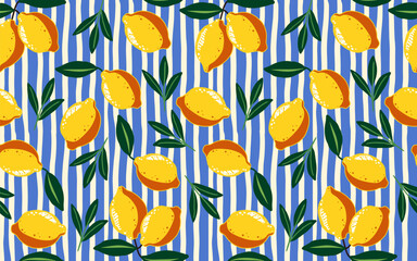 Colorful seamless pattern with hand-drawn lemons and green leaves on blue striped background. Mediterranean summer fruit design, perfect for textile, wrapping paper, kitchen decor, vector art