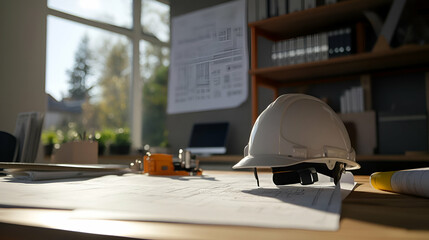 Poster - White Hard Hat on Architectural Blueprint in Sunlit Office
