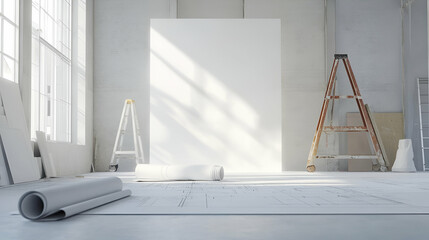 Aufkleber - White Loft Interior with Blank Canvas and Ladder