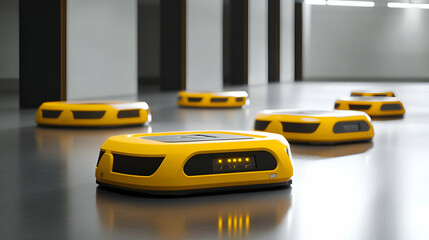 Poster - Yellow Autonomous Robots in Modern Warehouse Setting