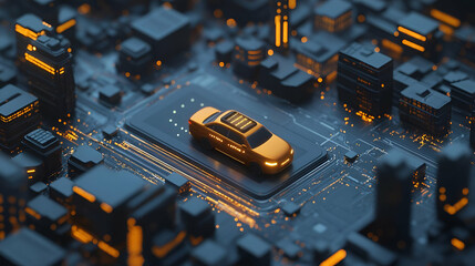 Poster - Yellow Car on Circuit Board in Futuristic Cityscape