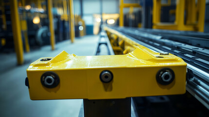 Poster - Yellow Metal Conveyor Belt in Industrial Factory Setting