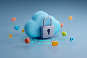 Poster - 3D rendering of a blue cloud with a padlock, symbolizing secure cloud storage and data protection, surrounded by colorful data icons