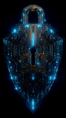 Poster - abstract metallic padlock shield with glowing blue lines, representing digital security, technology,