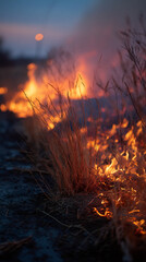 Poster - Close-up of dry grass burning at dusk, showcasing warm orange and red flames against a dark blue sky, symbolizing destruction, renewal, or the cyclical nature of life