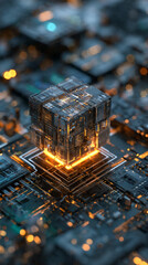Poster - detailed view of a complex cube structure, seemingly technological, resting on a circuit board, illu