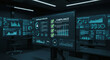 © Mateus - Compliance dashboard in a dark control room showing system performance and cybersecurity status, with charts, graphs, and a compliance checklist.