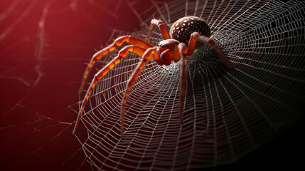 Close-up of a spider with intricate web, reddish-brown in color with white spots, centered on a dark red background.  Detailed web structure visible