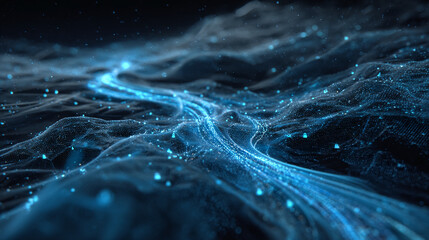 Poster - Abstract blue digital wave texture, glowing particles forming flowing lines, showcasing technology, data flow, or network concept