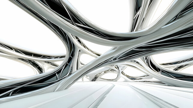 Abstract architectural interior, with flowing, interwoven, white and dark gray organic structures, creating a futuristic, spacious environment, suggesting advanced technology and design