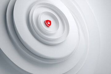Poster - Abstract white concentric circles showcase red shield icon with lock, symbolizing security, protection, and data safety