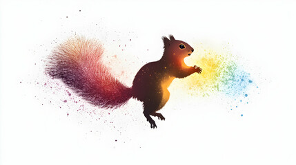 Poster - Whimsical squirrel illustration with vibrant colorful splash on a white background