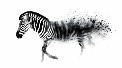 Poster - Monochrome dissipation: A zebra transformed into digital particles on white