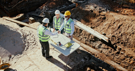 Poster - construction team, handshake and engineer people in partnership outdoor with foundation blueprint. m