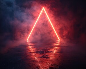 Poster - Neon Triangle Illuminating a Foggy Landscape with Reflections in Water