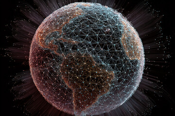 Poster - abstract globe image, network connections visualized, glowing lines and nodes, earth-like structure,