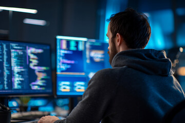 Poster - Back view of programmer working late at night, focused on computer screens displaying lines of code, showcasing dedication and late-night work in software development