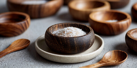 Poster - close-up of wooden bowls filled with salt crystals, showcasing a minimalist and rustic aesthetic, re