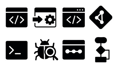 Software development icons: code, bug, gear, terminal, data flow, algorithm