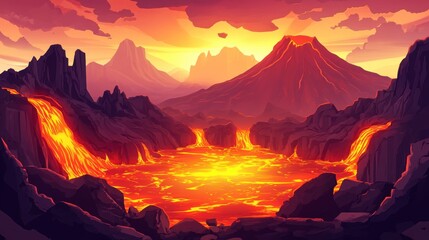 Poster - Molten lava flows into a fiery lake amidst volcanic mountains at sunset.