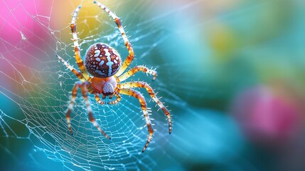 Ornate spider on colorful intricate web.