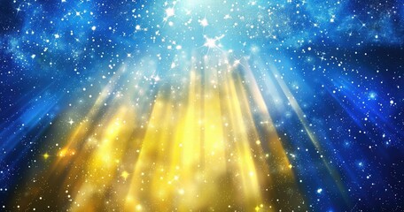 Wall Mural - Blue and yellow background with rays of light, background for presentation, vector illustration. The sun's rays shine from the center, sparkling like stars in space. 