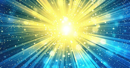 Wall Mural - Blue and yellow background with rays of light, background for presentation, vector illustration. The sun's rays shine from the center, sparkling like stars in space. 