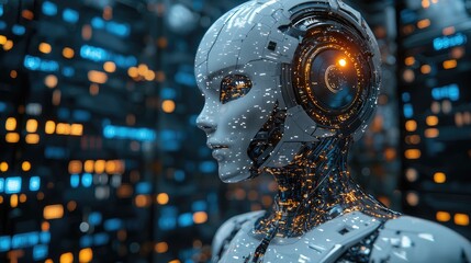 Poster - Futuristic humanoid robot in a high-tech environment with glowing circuits