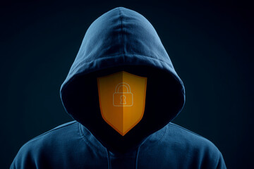 Poster - Hooded figure, face obscured by orange shield with lock icon, symbolizing online security, privacy, or anonymity