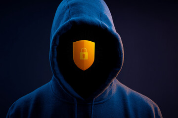 Poster - Hooded figure, blue fabric, dark background, shield with lock symbol, representing online security, digital privacy, or data protection