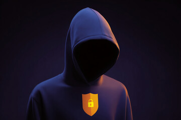 Poster - Dark blue hoodie, face hidden, shield symbol with padlock, representing online security, anonymity, and data protection